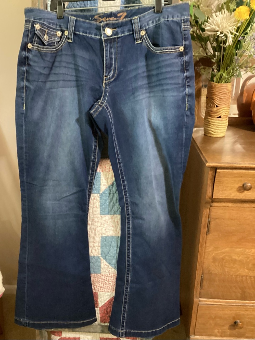 Seven7 Women's Dark Blue Flare Leg Jeans with Embroidered Pockets - Picture 6 of 13